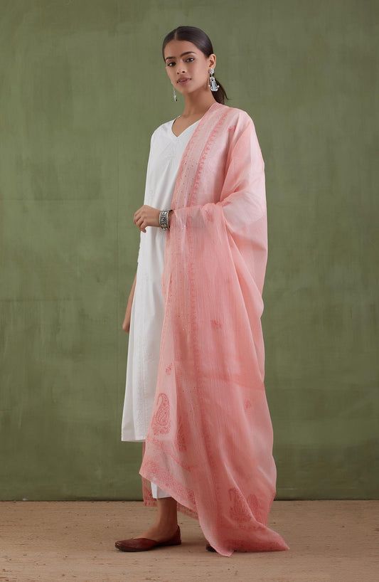 Coral Ambi Chikankari Kota Doria Dupatta
