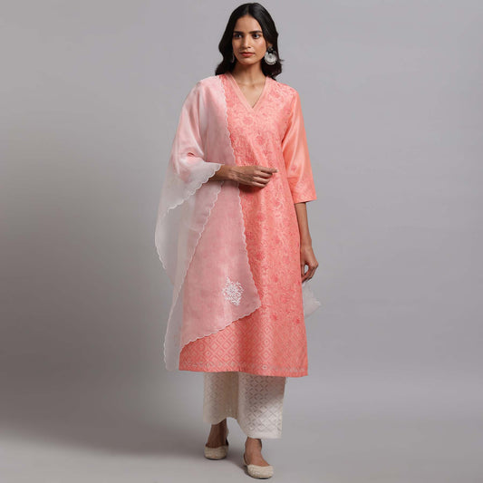 Chikankari Jaal kurta - Coral