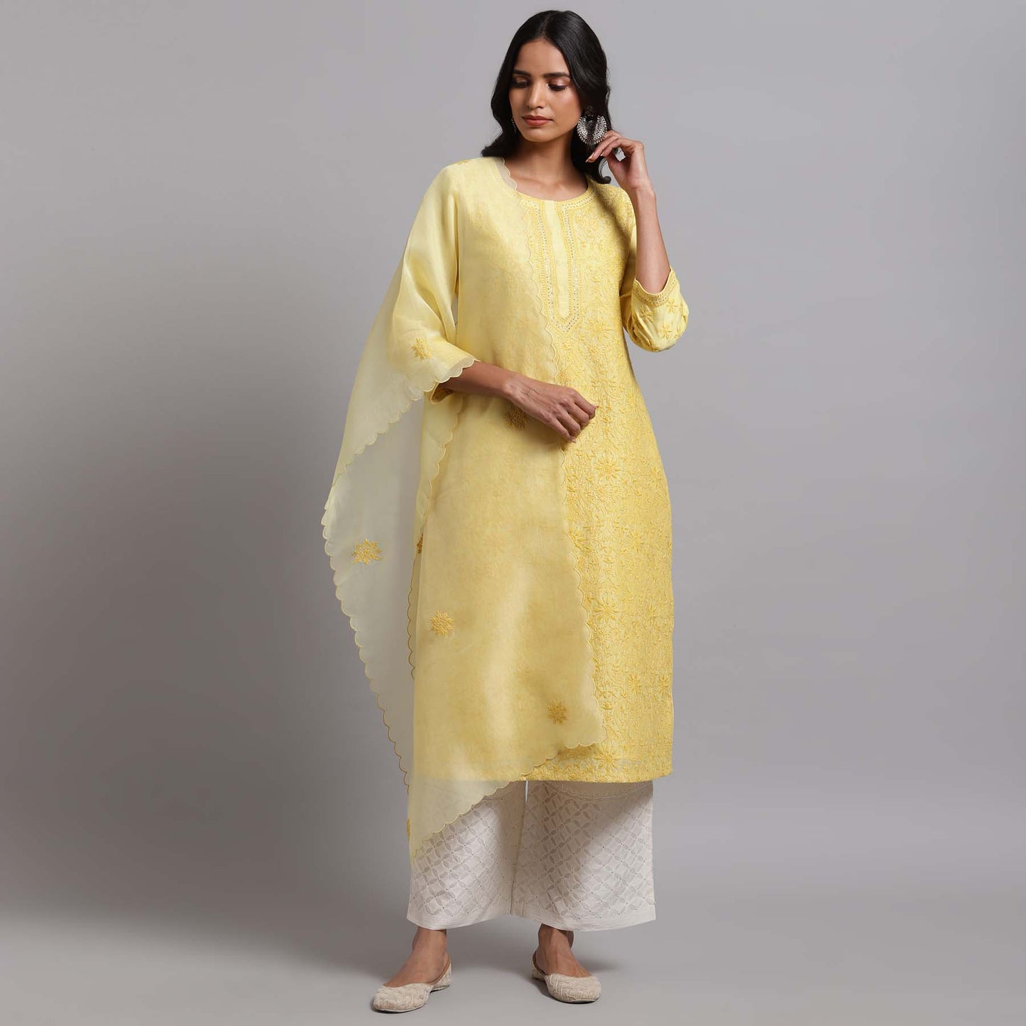 Chikankari Jaal kurta- Yellow