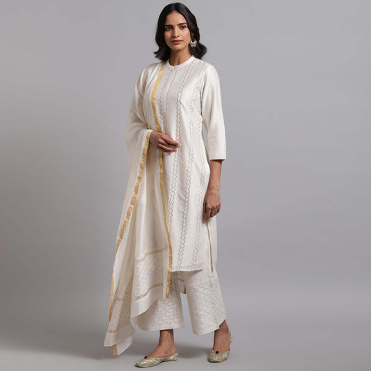 Chikankari And Mukaish Stripes Kurta