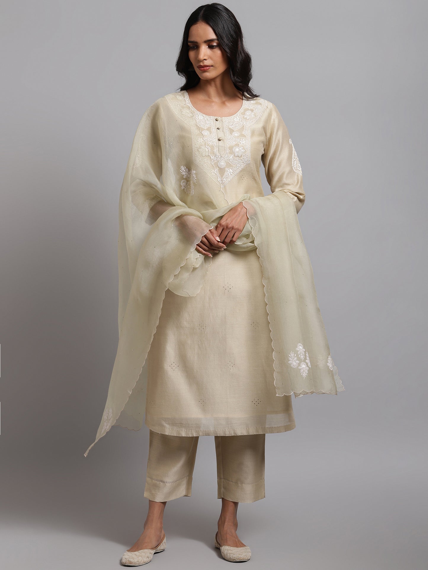 Beige Chanderi Pants