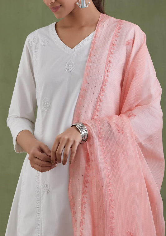 Coral Ambi Chikankari Kota Doria Dupatta