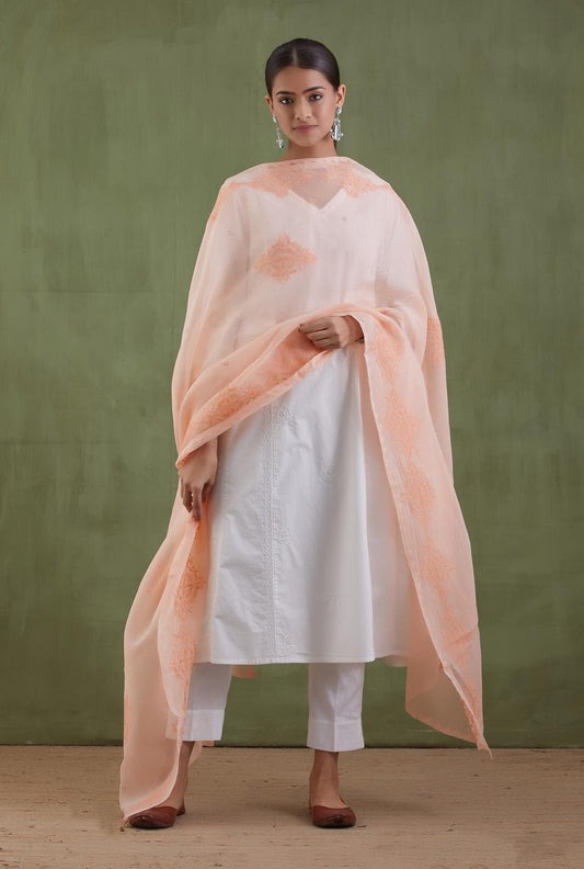 Peach chikankari kota doria dupatta