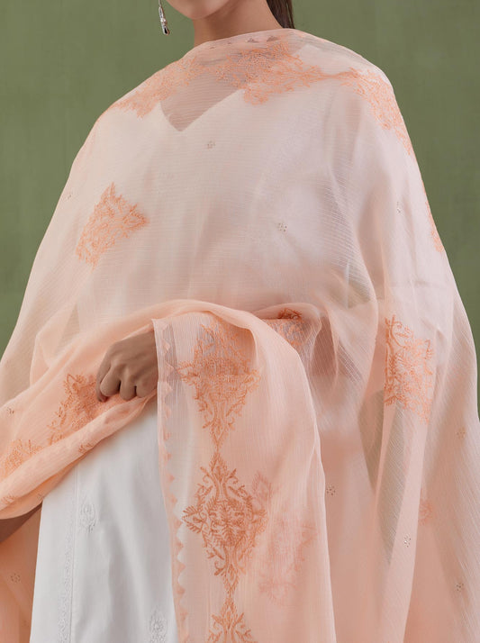 Peach chikankari kota doria dupatta