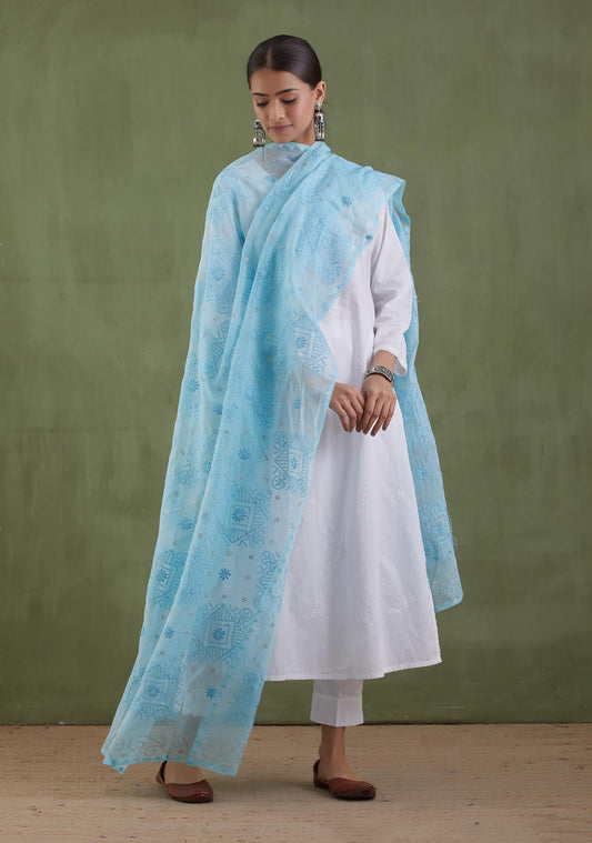 Blue Chikankari Kota Doria Dupatta