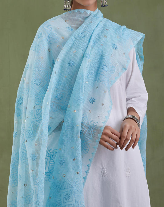 Blue Chikankari Kota Doria Dupatta