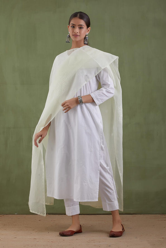 Lemon Chikankari Kota Doria Dupatta