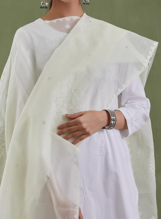Lemon Chikankari Kota Doria Dupatta