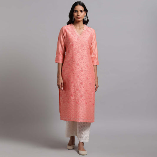 Chikankari Jaal kurta - Coral