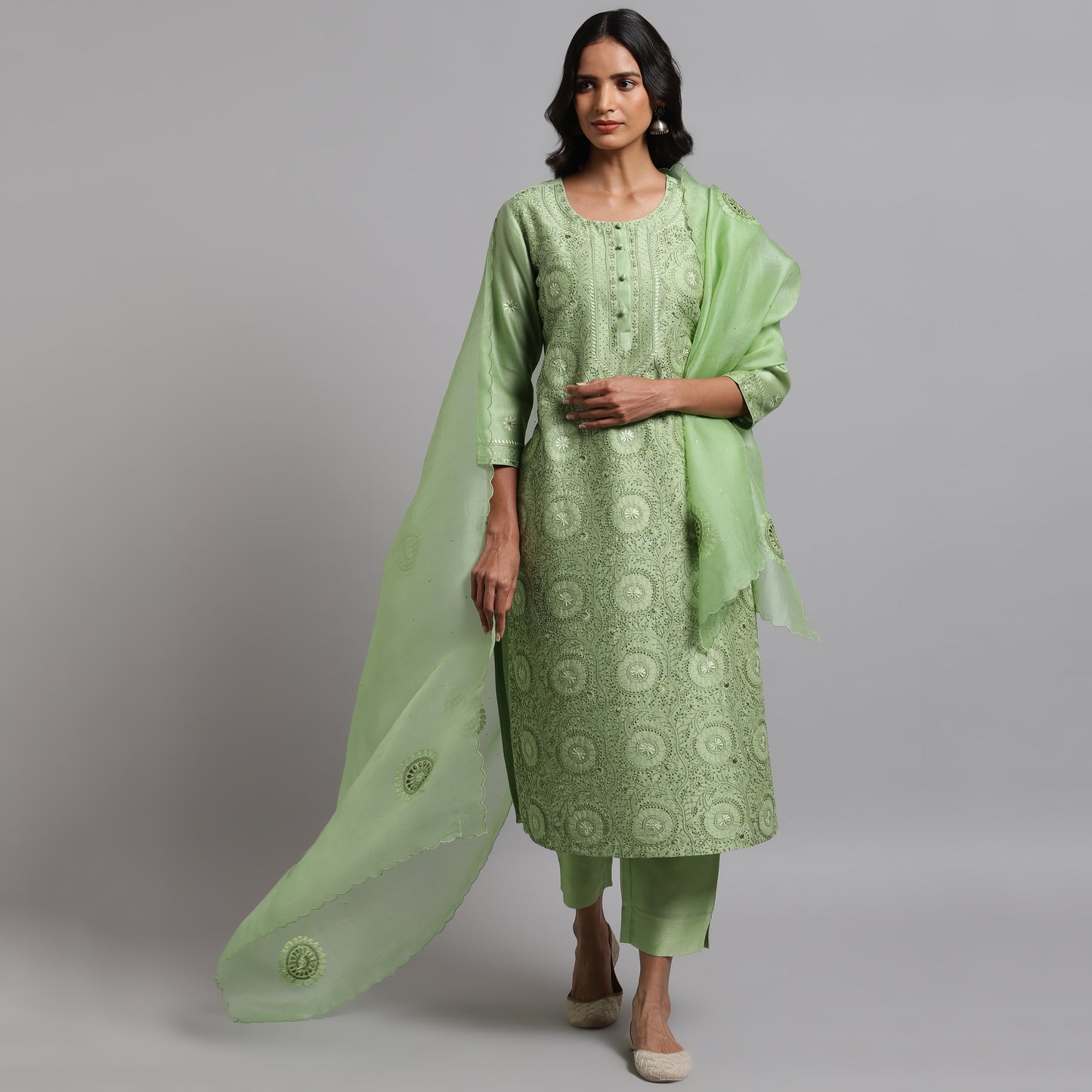 Chikankari Green Jaal Kurta