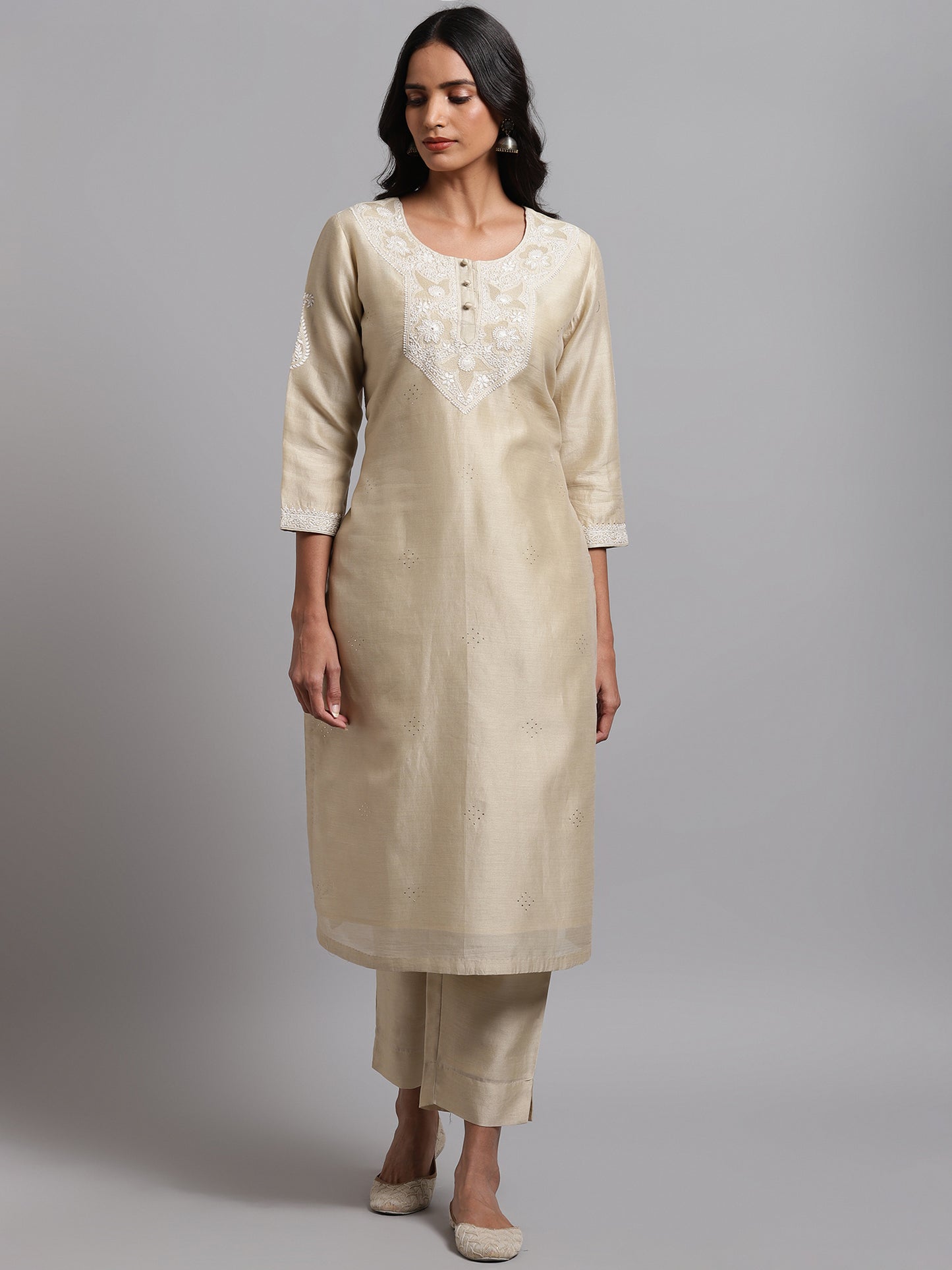 Beige Chanderi Pants