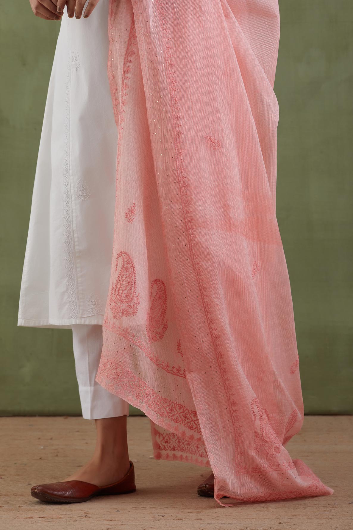 Coral Ambi Chikankari Kota Doria Dupatta