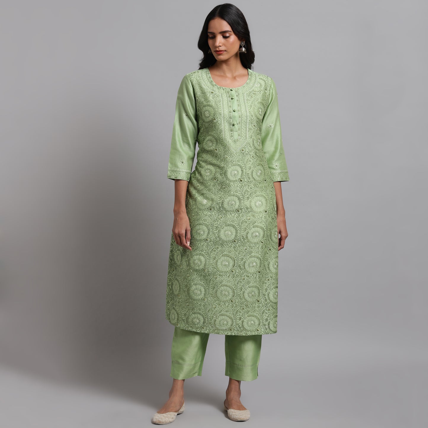 Chikankari Green Jaal Kurta