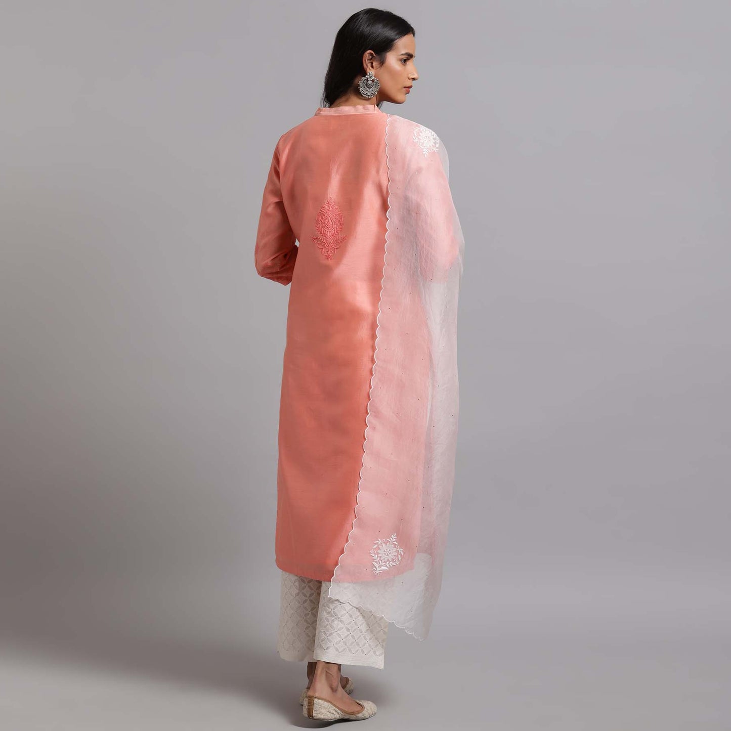 Chikankari Jaal kurta - Coral