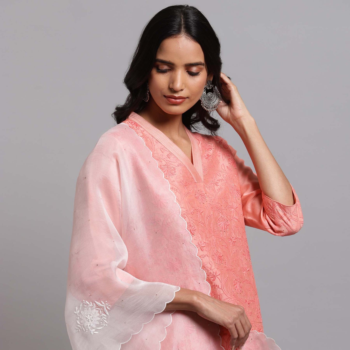 Chikankari Jaal kurta - Coral