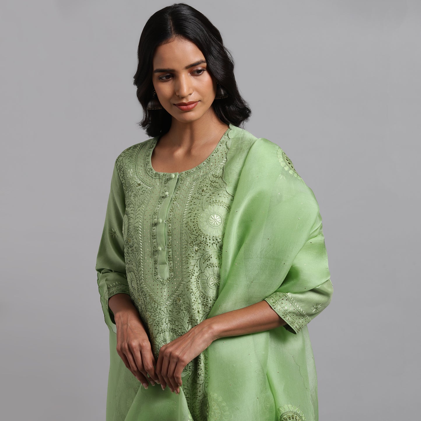 Chikankari Green Jaal Kurta
