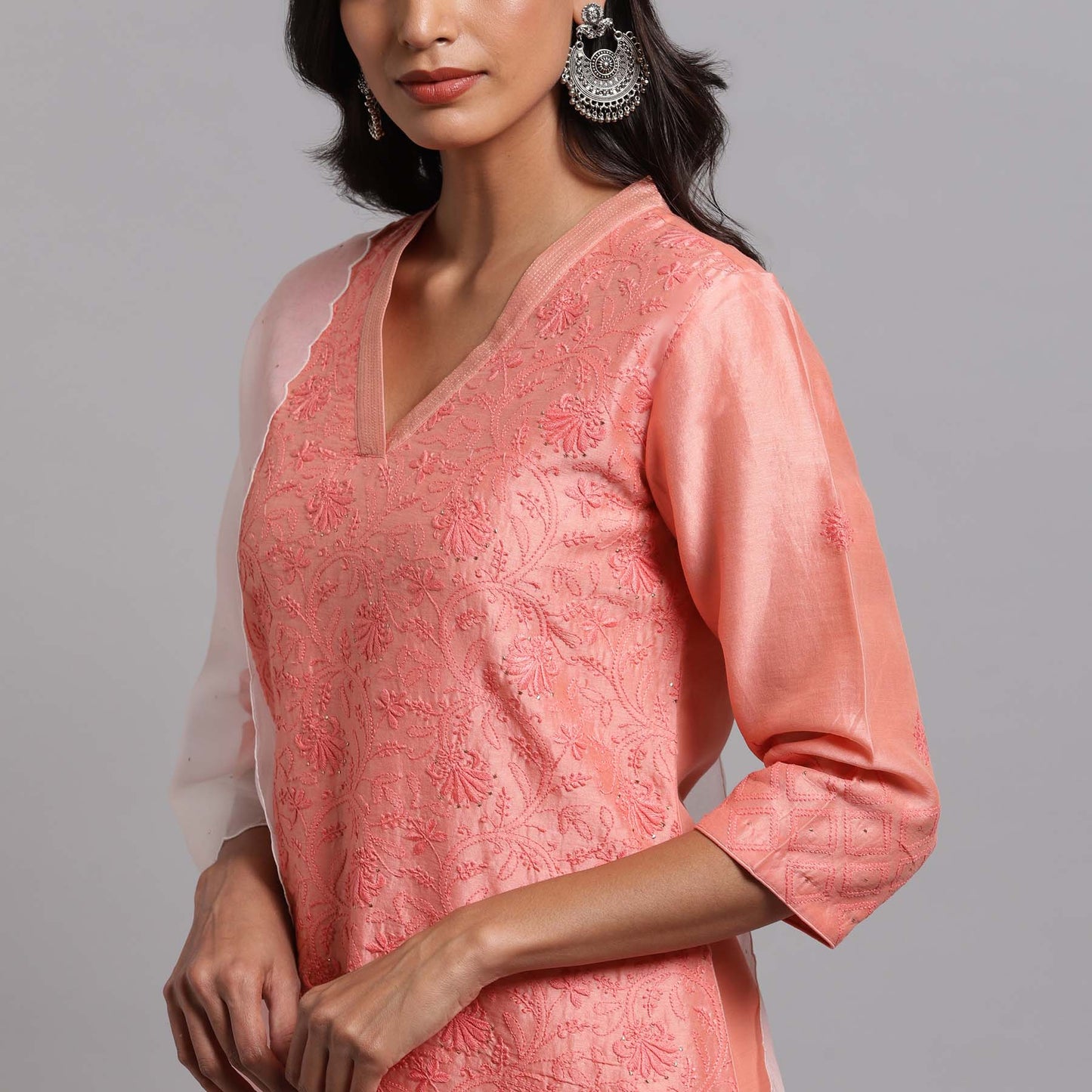 Chikankari Jaal kurta - Coral