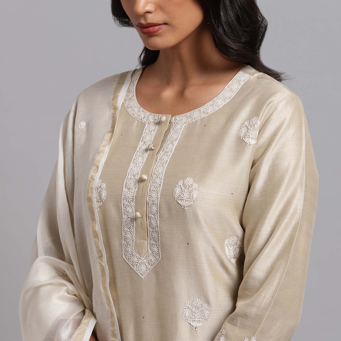 Chikankari Murri Bootis And Neckline Kurta