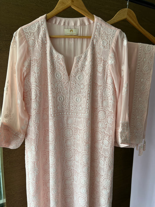 Pink Chikankari Jaal Kurta and Dupatta Set