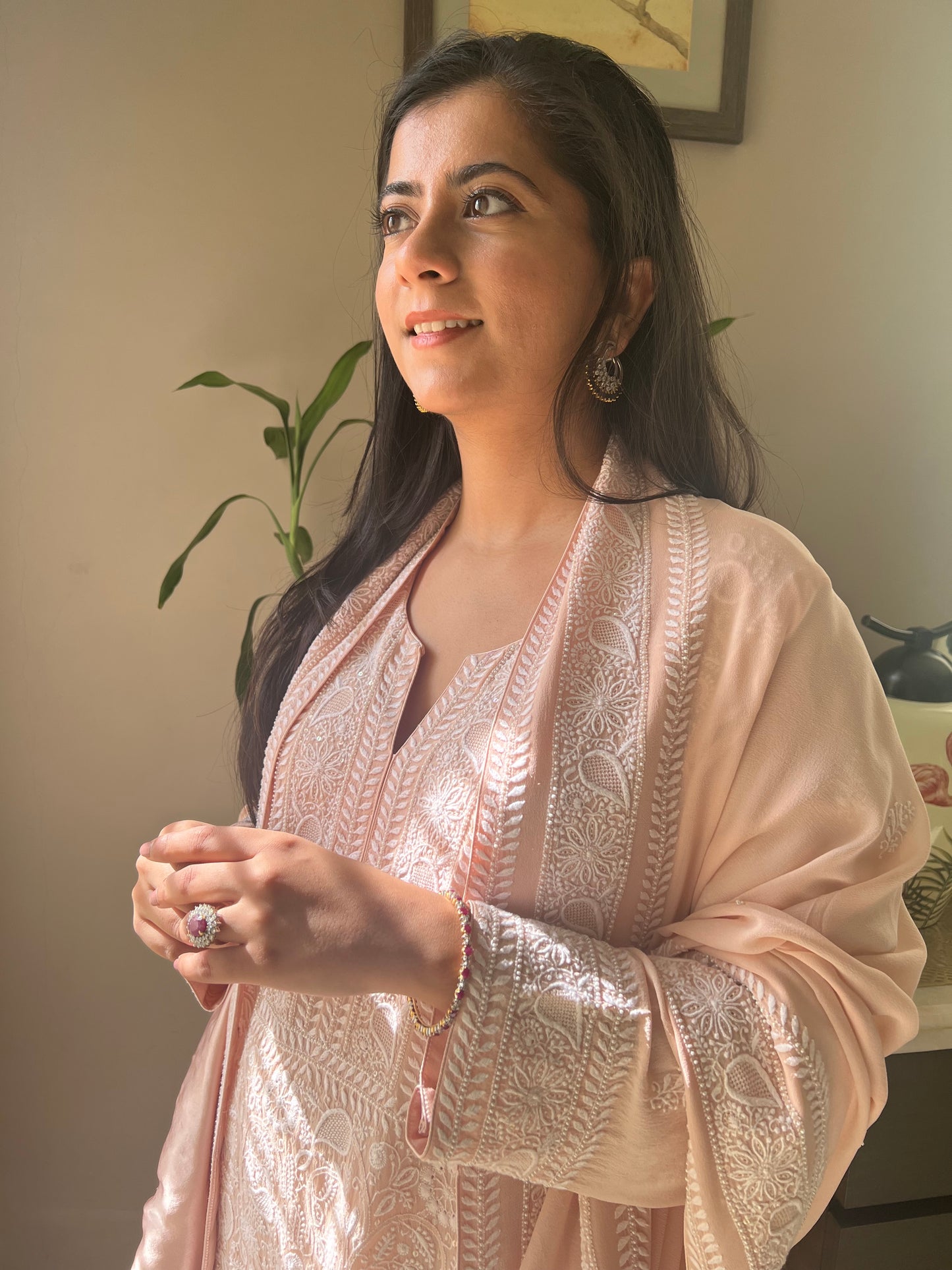 Peach Chikankari Jaal Kurta and Thaal Dupatta Set