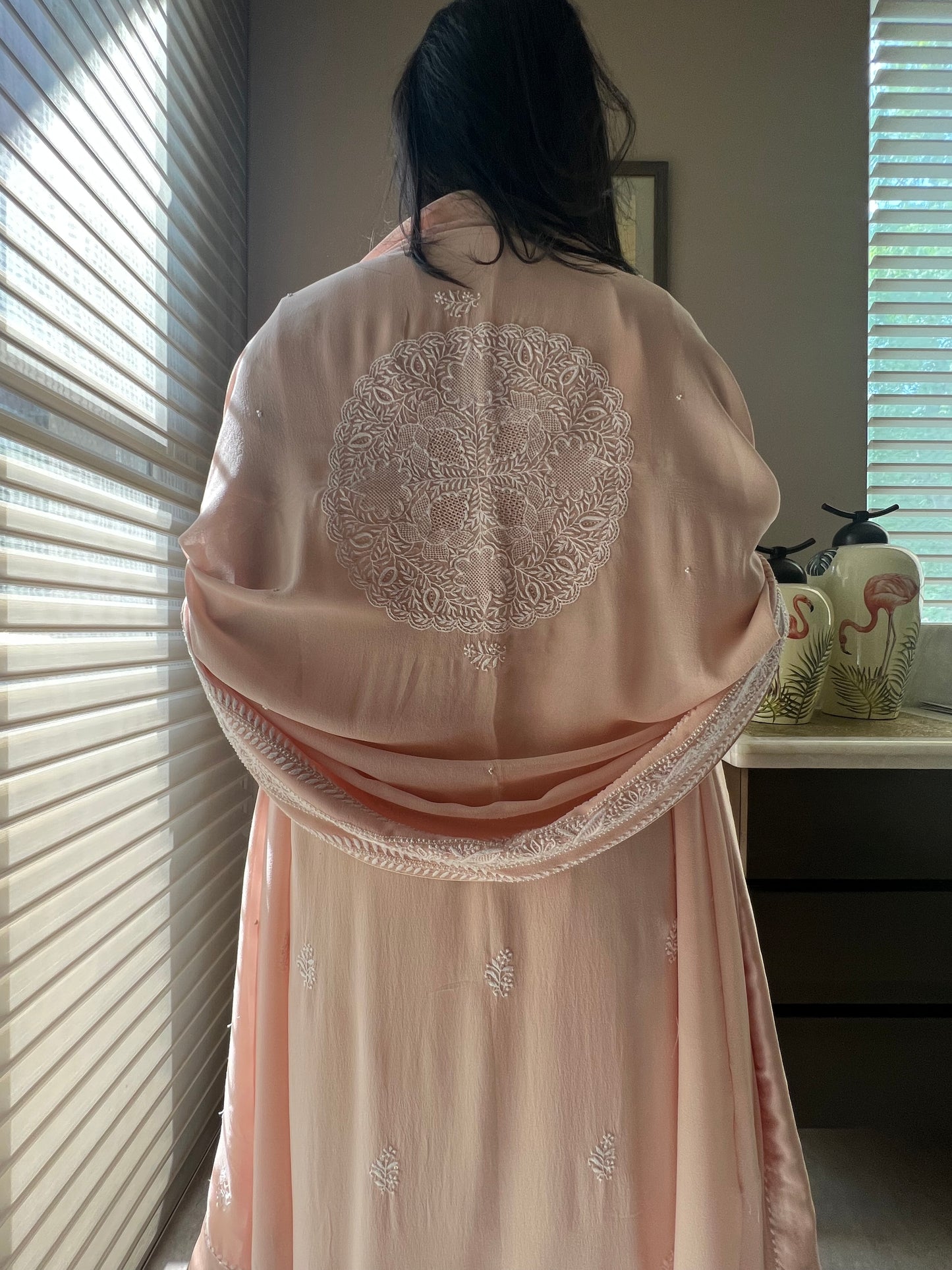 Peach Chikankari Jaal Kurta and Thaal Dupatta Set