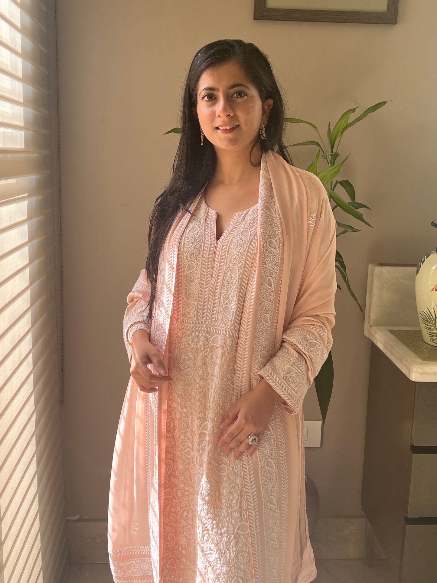 Peach Chikankari Jaal Kurta and Thaal Dupatta Set