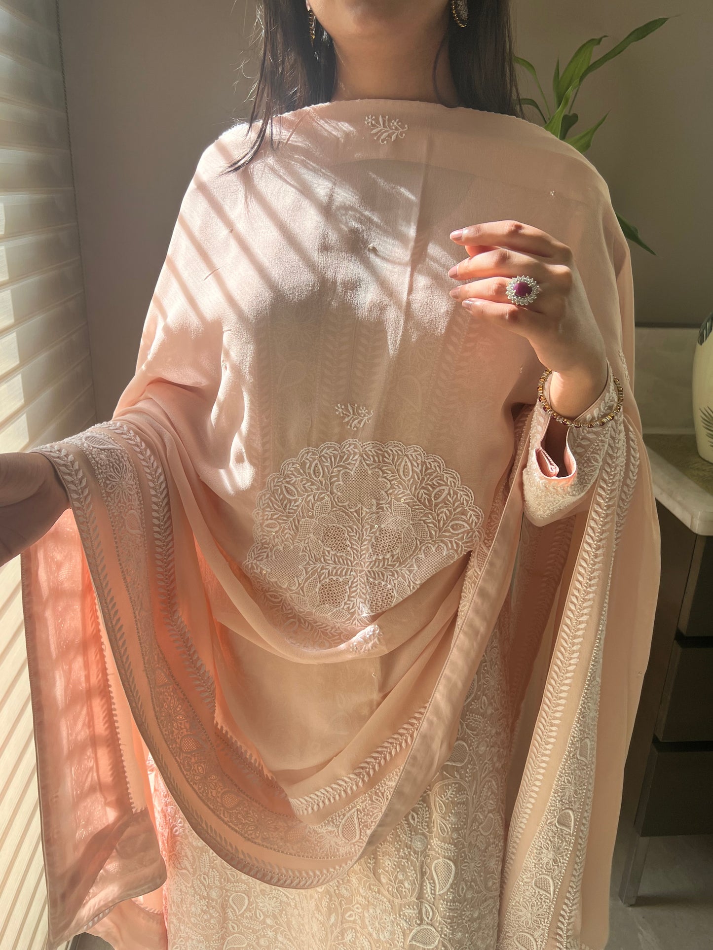 Peach Chikankari Jaal Kurta and Thaal Dupatta Set