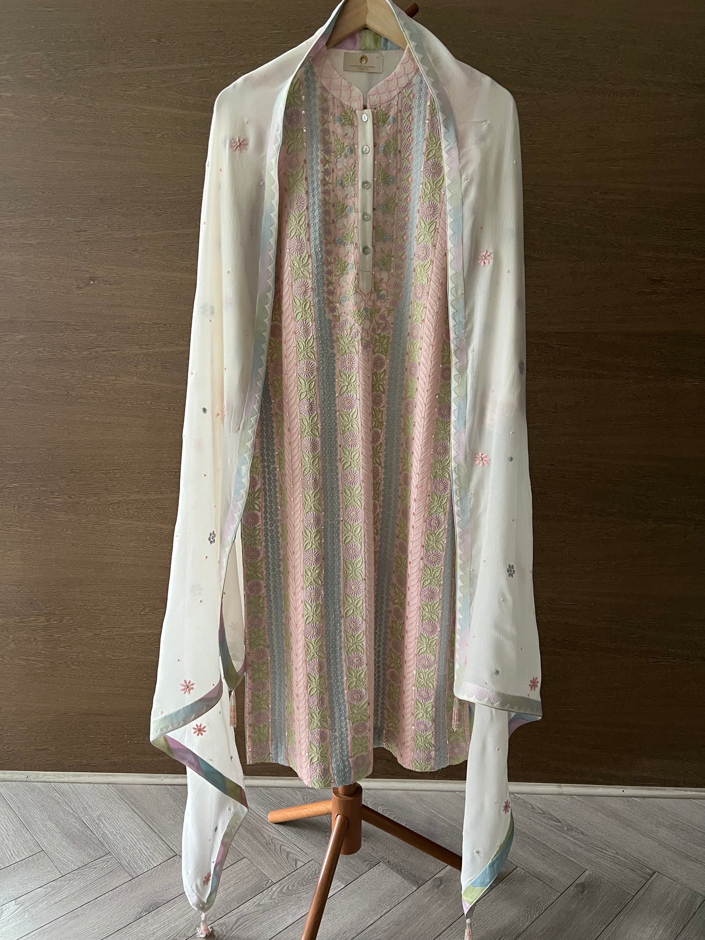 Multi colour threads Chikankari Jaal Kurta and Dupatta Set