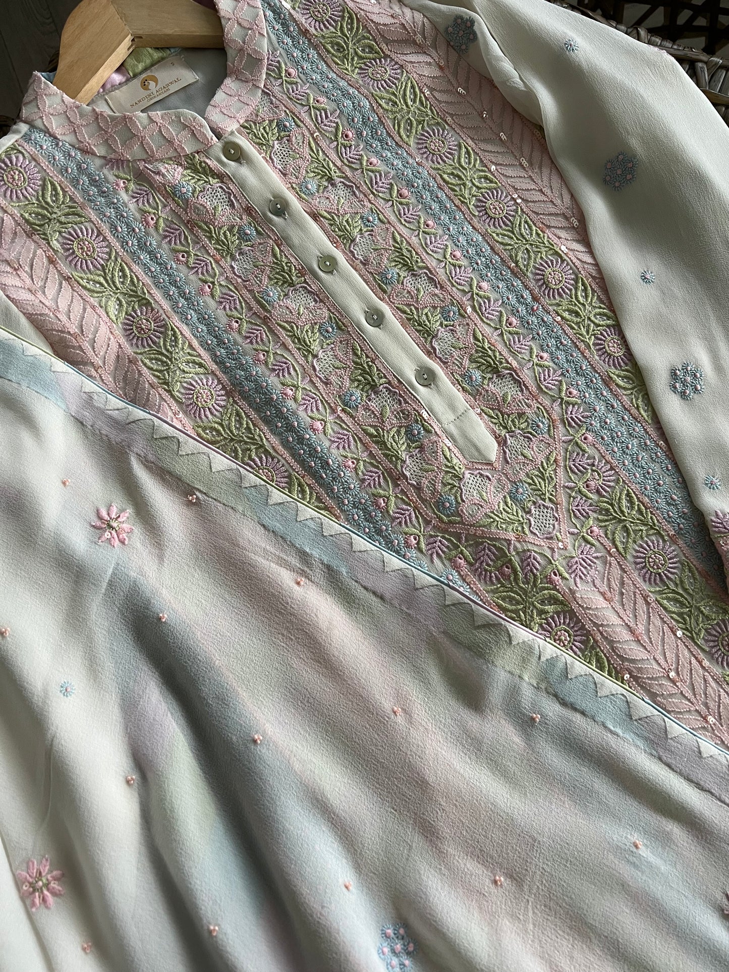 Multi colour threads Chikankari Jaal Kurta and Dupatta Set