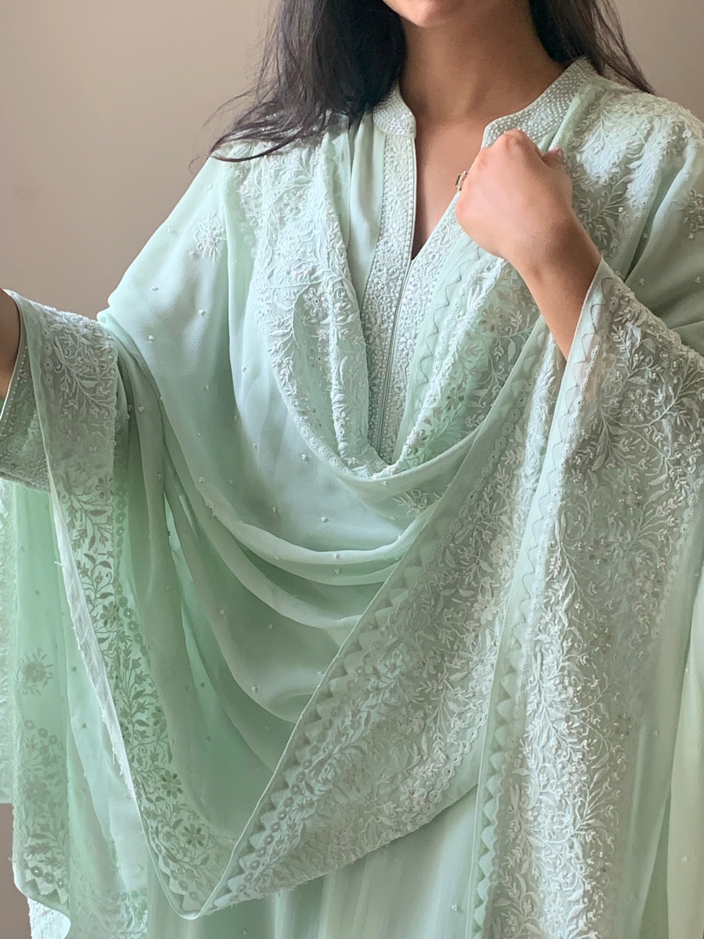 Mint Chikankari Border Dupatta