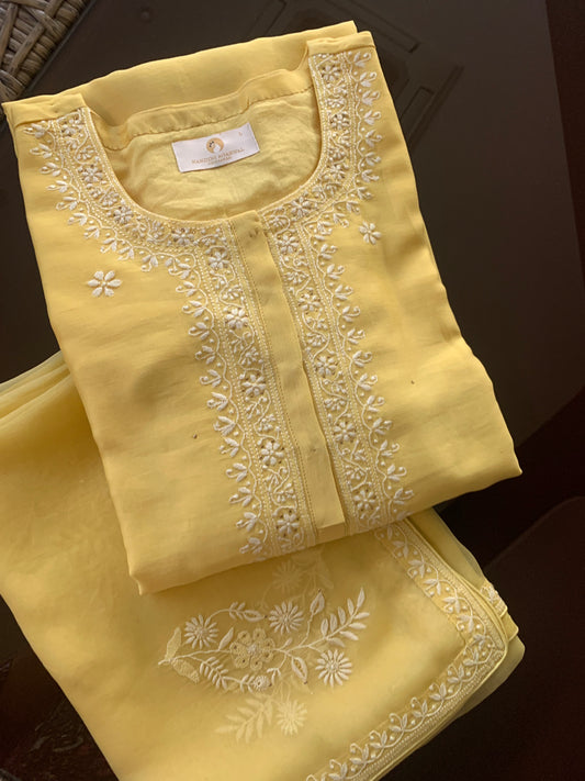 Chikankari Yellow Gala Patti and Bootis Kurta & Dupatta