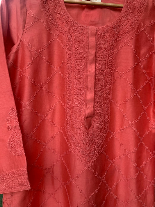 Watermelon Chikankari Jaal Kurta