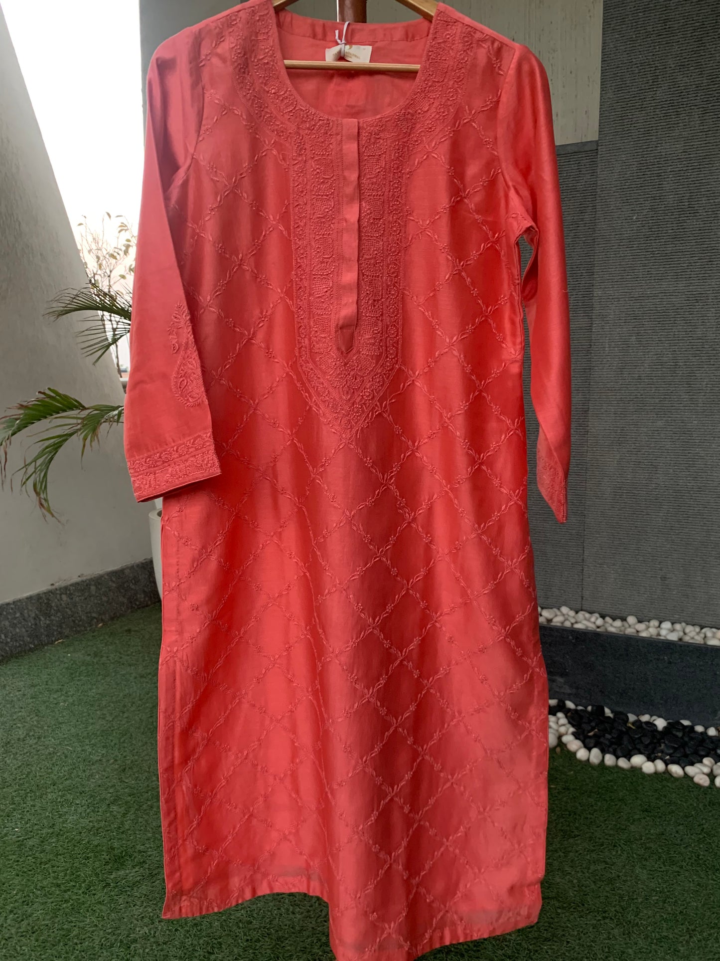 Watermelon Chikankari Jaal Kurta