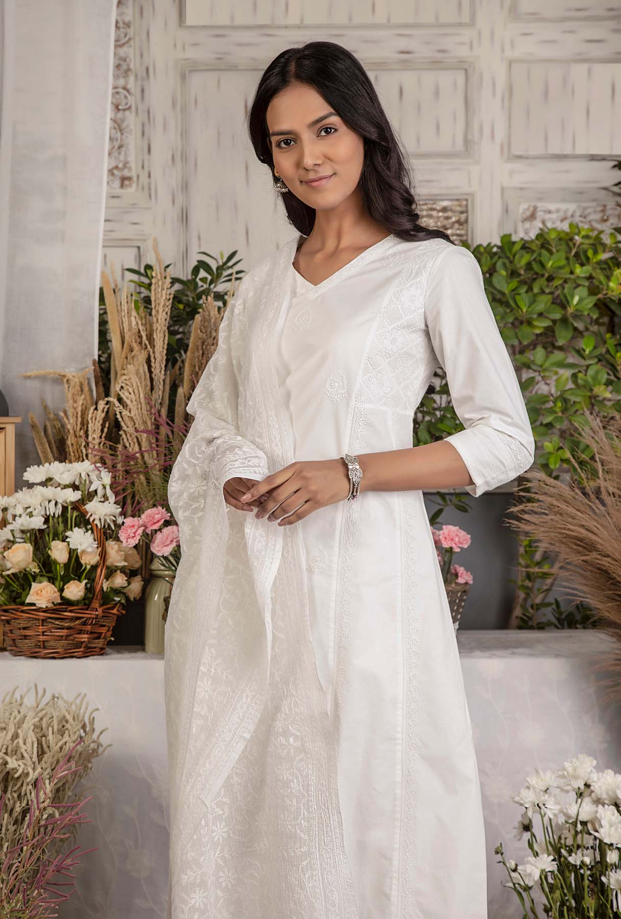 Off White Chikankari Kota Doria Dupatta