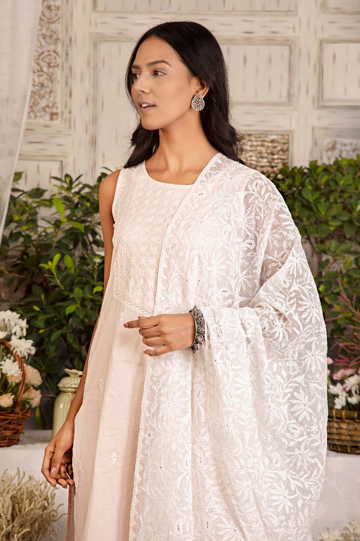 White Chikankari Kota Doria Dupatta