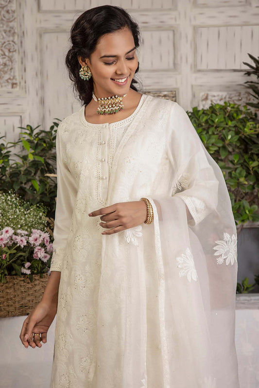 Chikankari And Mukaish Organza Dupatta