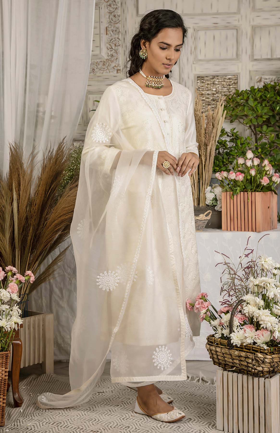 Chikankari And Mukaish Organza Dupatta