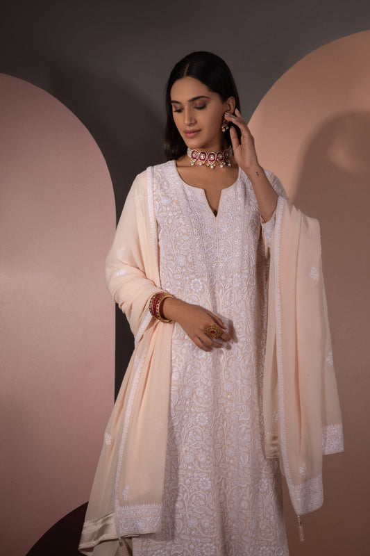 Peach Chikankari Jaal Kurta and Dupatta Set