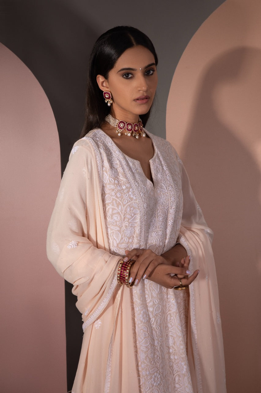 Peach Chikankari Jaal Kurta and Dupatta Set