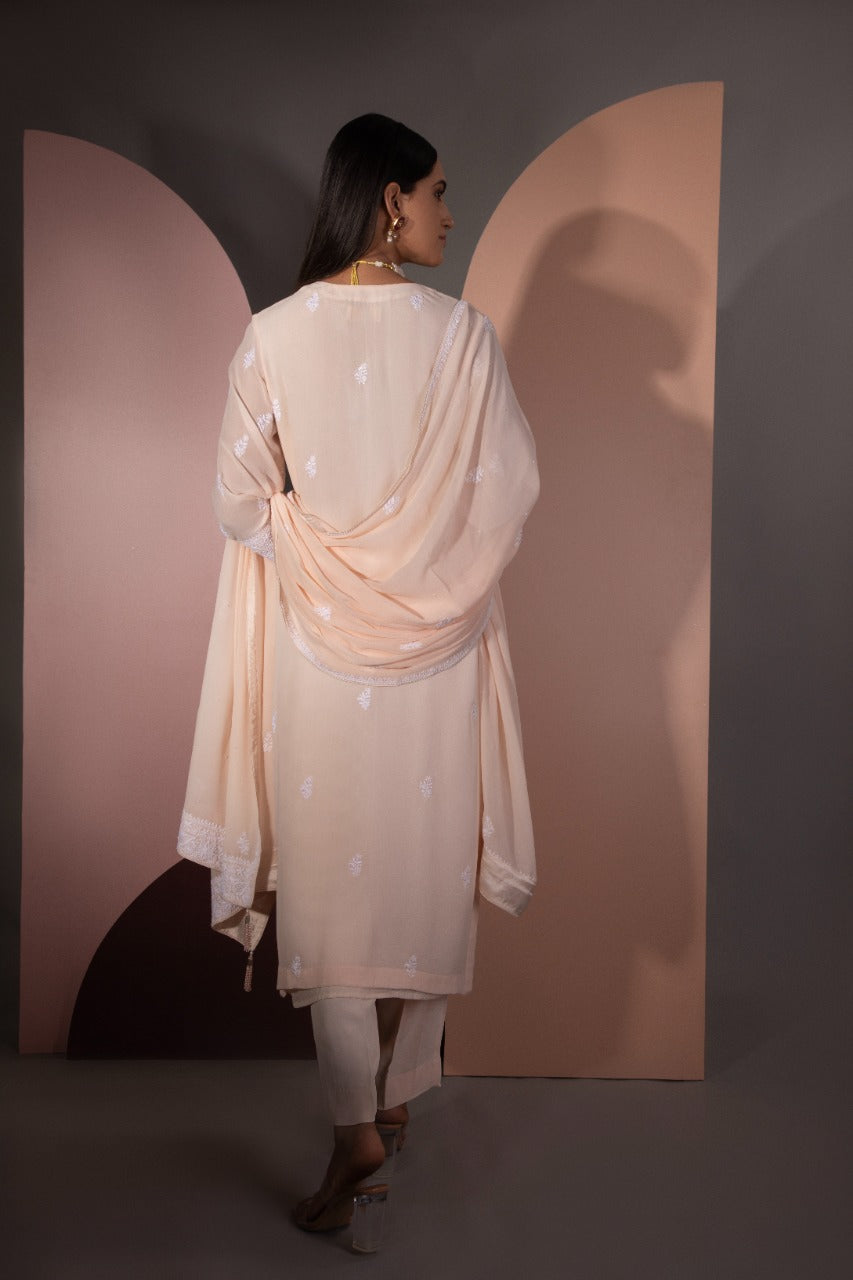 Peach Chikankari Jaal Kurta and Dupatta Set
