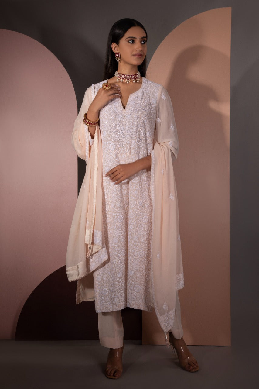 Peach Chikankari Jaal Kurta and Dupatta Set