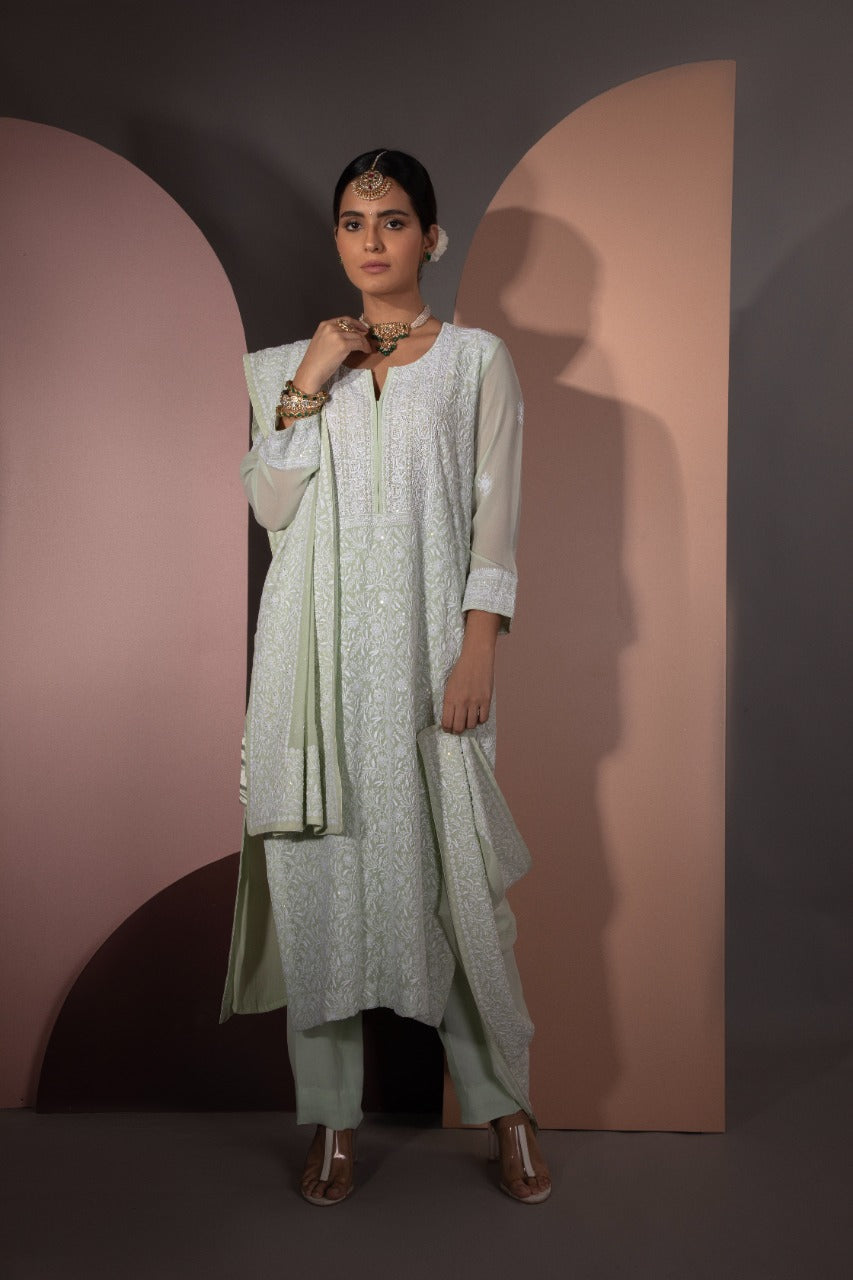 Mint Chikankari Jaal Kurta and Dupatta Set