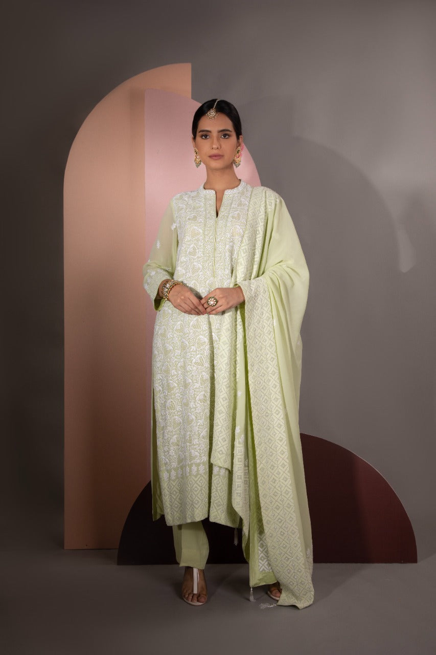 Green Chikankari Jaal Kurta and Dupatta Set