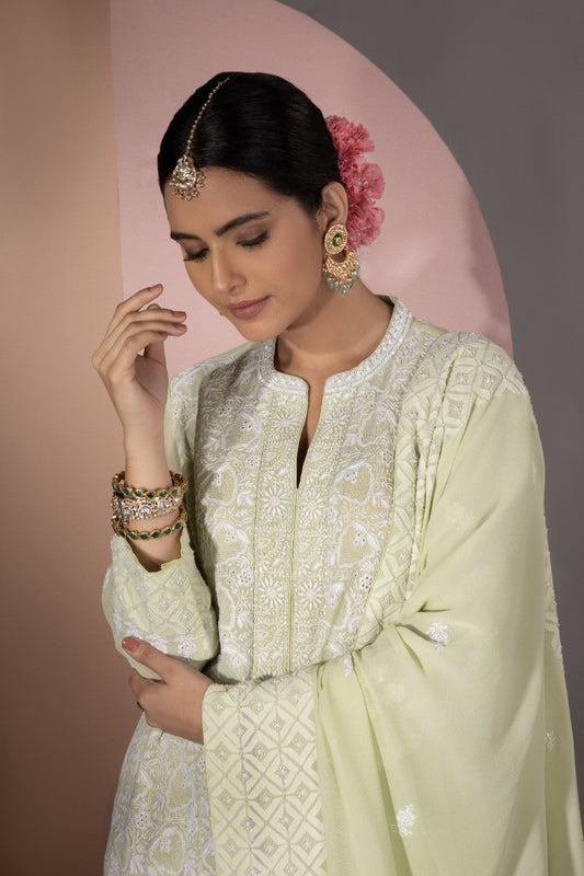 Green Chikankari Jaal Kurta and Dupatta Set