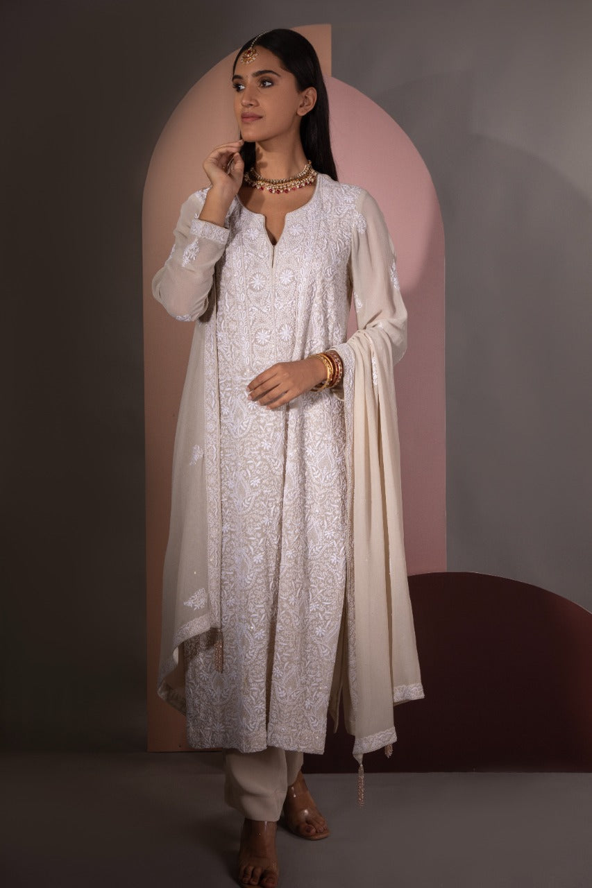 Biege Chikankari Jaal Kurta and Dupatta Set