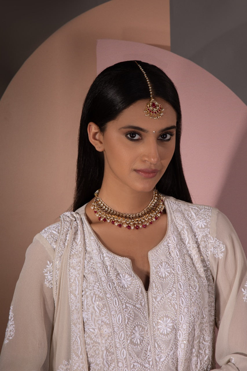 Biege Chikankari Jaal Kurta and Dupatta Set