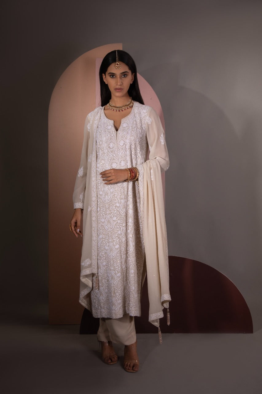 Biege Chikankari Jaal Kurta and Dupatta Set