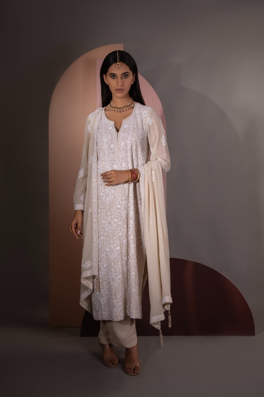 Biege Chikankari Jaal Kurta and Dupatta Set