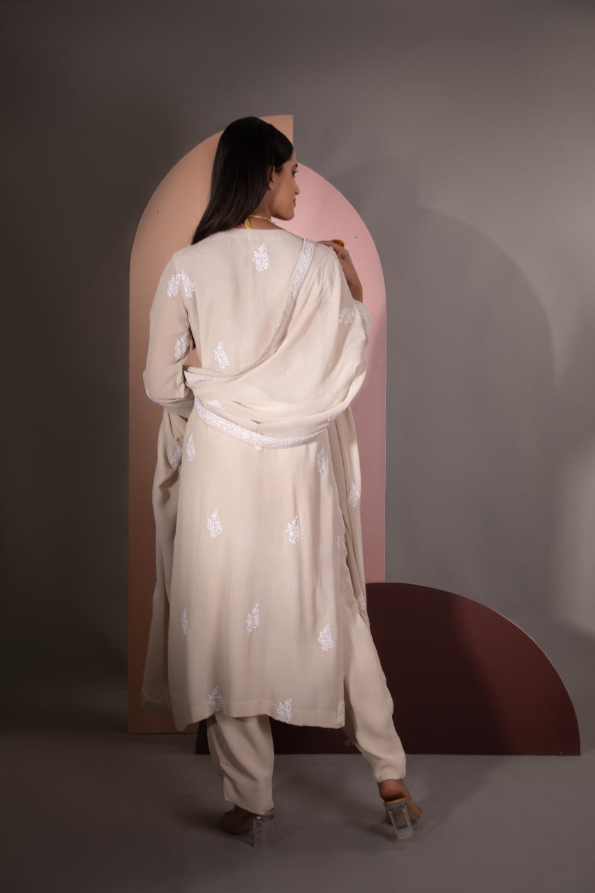 Biege Chikankari Jaal Kurta and Dupatta Set