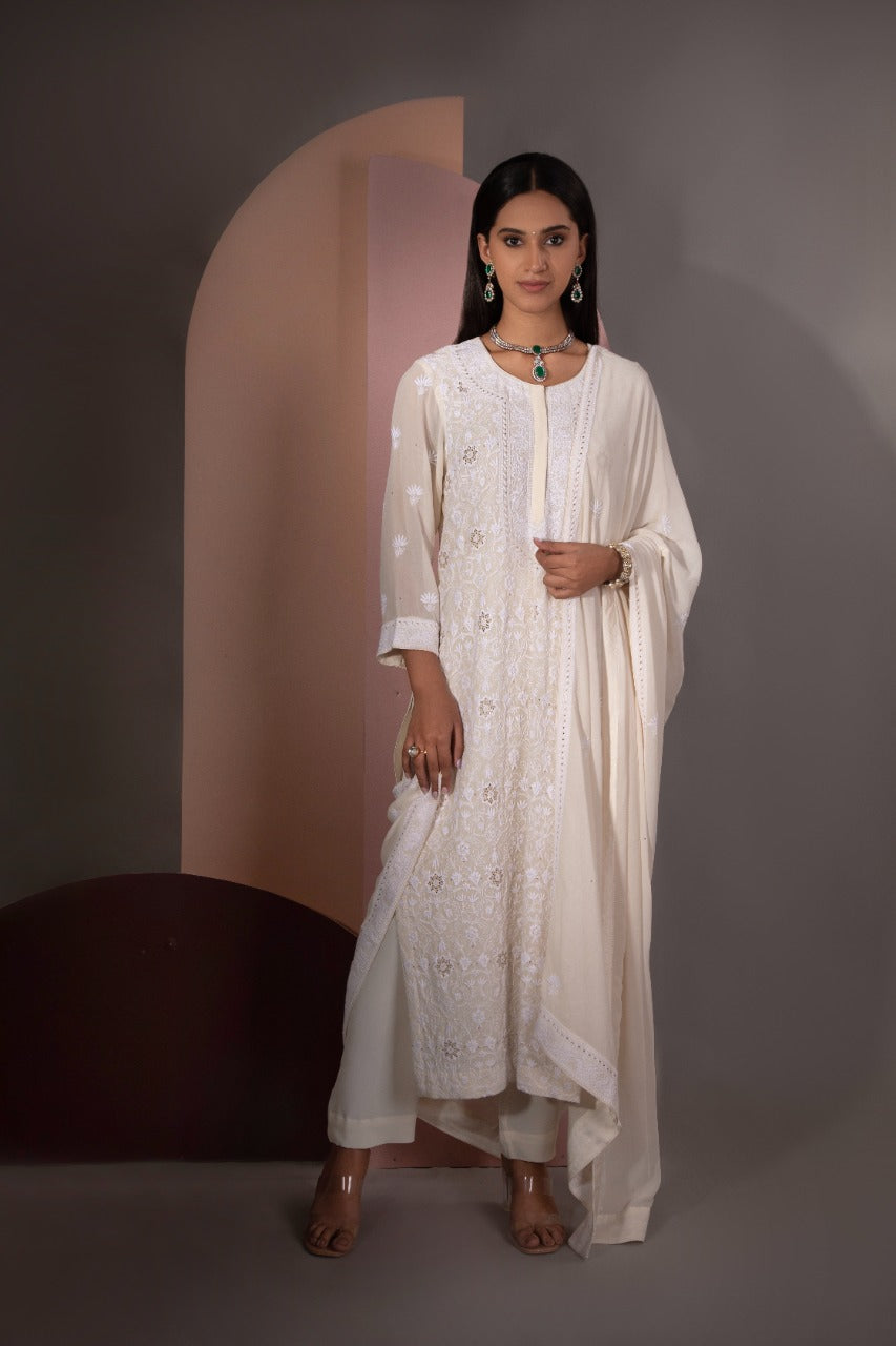 Ivory Chikankari Jaal Kurta and Dupatta Set